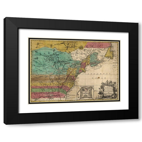 Map of British and French Settlements in America 1755 Black Modern Wood Framed Art Print with Double Matting by Vintage Maps
