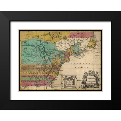 Map of British and French Settlements in America 1755 Black Modern Wood Framed Art Print with Double Matting by Vintage Maps