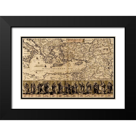 Map of the Travels and Voyages of the Apostles Black Modern Wood Framed Art Print with Double Matting by Vintage Maps