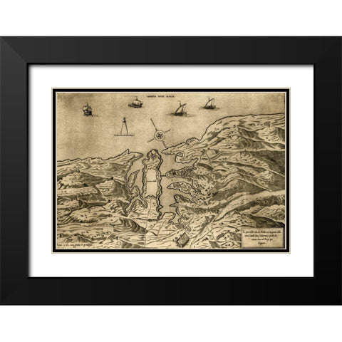 Island of Malta 1563 Black Modern Wood Framed Art Print with Double Matting by Vintage Maps