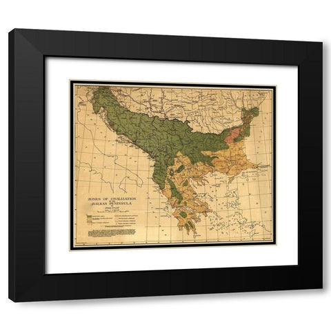 Balkan Zones of Civilization 1918 Black Modern Wood Framed Art Print with Double Matting by Vintage Maps