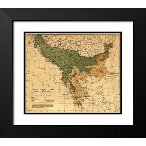 Balkan Zones of Civilization 1918 Black Modern Wood Framed Art Print with Double Matting by Vintage Maps