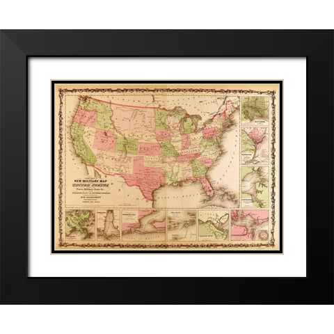 Military Map of the United states 1863 Black Modern Wood Framed Art Print with Double Matting by Vintage Maps