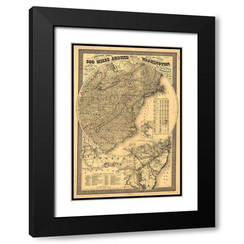 500 Miles Around Washington DC  Black Modern Wood Framed Art Print with Double Matting by Vintage Maps