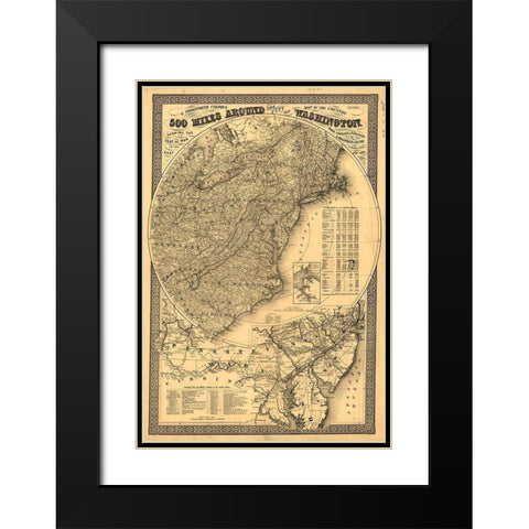 500 Miles Around Washington DC  Black Modern Wood Framed Art Print with Double Matting by Vintage Maps