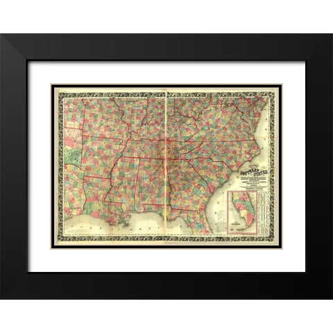 Southern States Black Modern Wood Framed Art Print with Double Matting by Vintage Maps