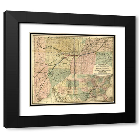 Arkansas Central 1872 Black Modern Wood Framed Art Print with Double Matting by Vintage Maps