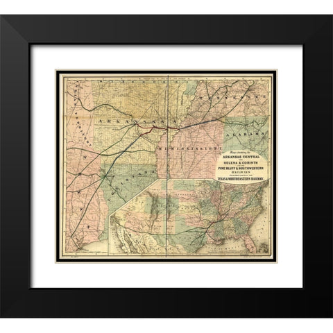Arkansas Central 1872 Black Modern Wood Framed Art Print with Double Matting by Vintage Maps