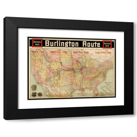 Burlington Route with Time Zones 1892 Black Modern Wood Framed Art Print with Double Matting by Vintage Maps