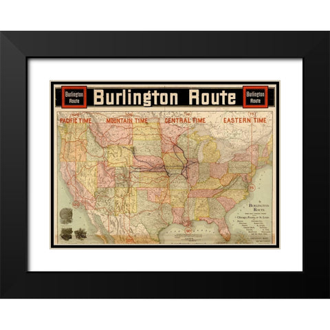Burlington Route with Time Zones 1892 Black Modern Wood Framed Art Print with Double Matting by Vintage Maps