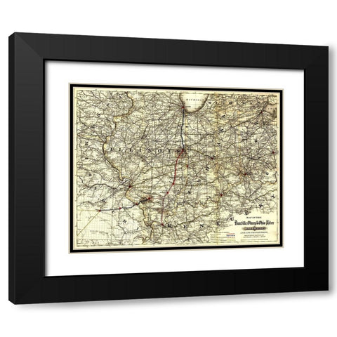 Danville Olney and Ohio River Railroad 1881 Black Modern Wood Framed Art Print with Double Matting by Vintage Maps
