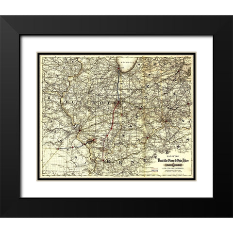 Danville Olney and Ohio River Railroad 1881 Black Modern Wood Framed Art Print with Double Matting by Vintage Maps