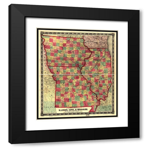 Illinois Iowa and Missouri 1857 Black Modern Wood Framed Art Print with Double Matting by Vintage Maps