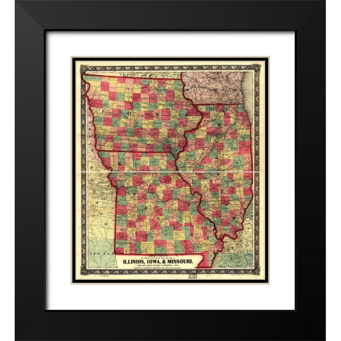 Illinois Iowa and Missouri 1857 Black Modern Wood Framed Art Print with Double Matting by Vintage Maps
