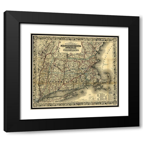 Massachusetts Rhode Island and Connecticut 1853 Black Modern Wood Framed Art Print with Double Matting by Vintage Maps