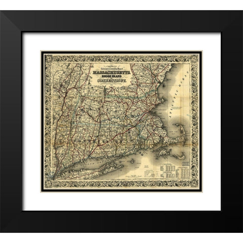Massachusetts Rhode Island and Connecticut 1853 Black Modern Wood Framed Art Print with Double Matting by Vintage Maps