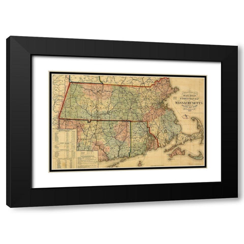 Railroad and township map of Massachusetts 1879 Black Modern Wood Framed Art Print with Double Matting by Vintage Maps