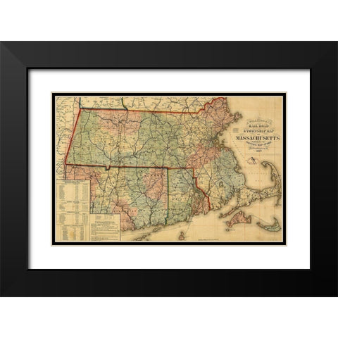 Railroad and township map of Massachusetts 1879 Black Modern Wood Framed Art Print with Double Matting by Vintage Maps