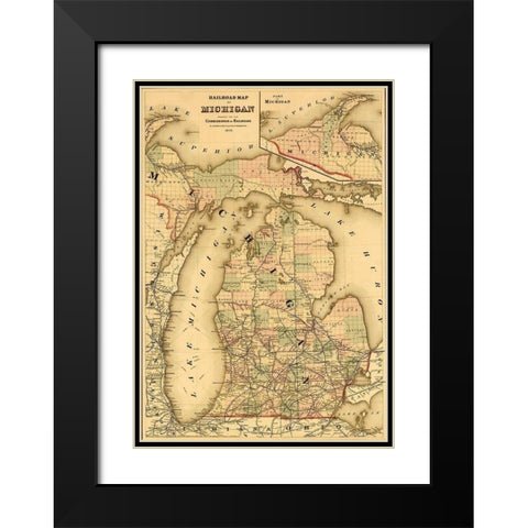 Michigan 1876 Black Modern Wood Framed Art Print with Double Matting by Vintage Maps