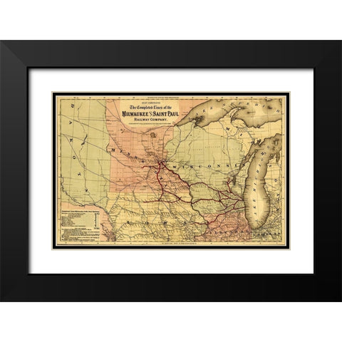 Milwaukee and Saint Paul Railway 1872 Black Modern Wood Framed Art Print with Double Matting by Vintage Maps