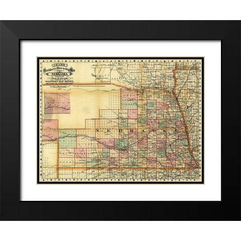Nebraska 1878 Black Modern Wood Framed Art Print with Double Matting by Vintage Maps