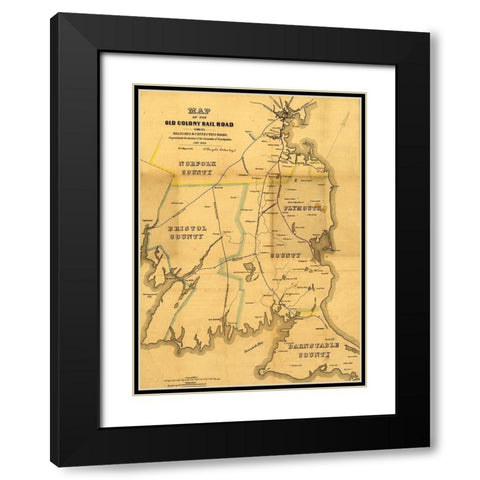Old Colony Rail Road 1850 Black Modern Wood Framed Art Print with Double Matting by Vintage Maps