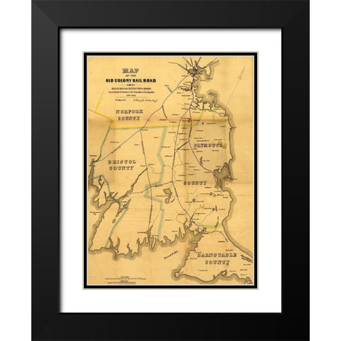 Old Colony Rail Road 1850 Black Modern Wood Framed Art Print with Double Matting by Vintage Maps