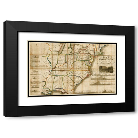 Railroads and canals finished unfinished and in contemplation in the United States 1834 Black Modern Wood Framed Art Print with Double Matting by Vintage Maps