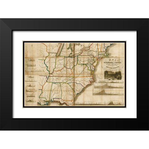 Railroads and canals finished unfinished and in contemplation in the United States 1834 Black Modern Wood Framed Art Print with Double Matting by Vintage Maps