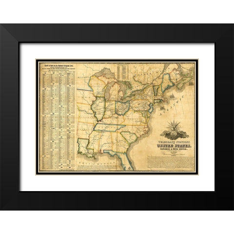 Telegraph stations in the United States Canada and Nova Scotia 1853 Black Modern Wood Framed Art Print with Double Matting by Vintage Maps