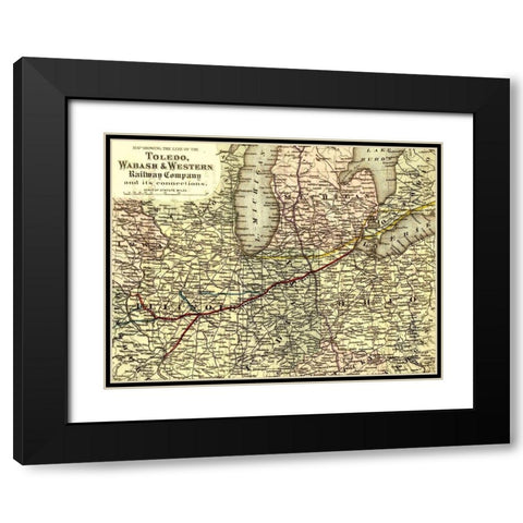 Toledo Wabash and Western Railway Company 1873 Black Modern Wood Framed Art Print with Double Matting by Vintage Maps