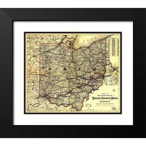 Wheeling and Cincinnati Mineral Railway 1882 Black Modern Wood Framed Art Print with Double Matting by Vintage Maps