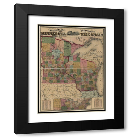 Railroad and post office map of Minnesota and Wisconsin 1871 Black Modern Wood Framed Art Print with Double Matting by Vintage Maps
