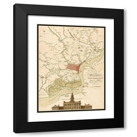 Plan of Philadelphia and its environs 1777 Black Modern Wood Framed Art Print with Double Matting by Vintage Maps