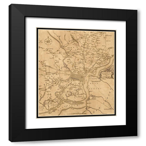 Philadelphia 1777 Black Modern Wood Framed Art Print with Double Matting by Vintage Maps