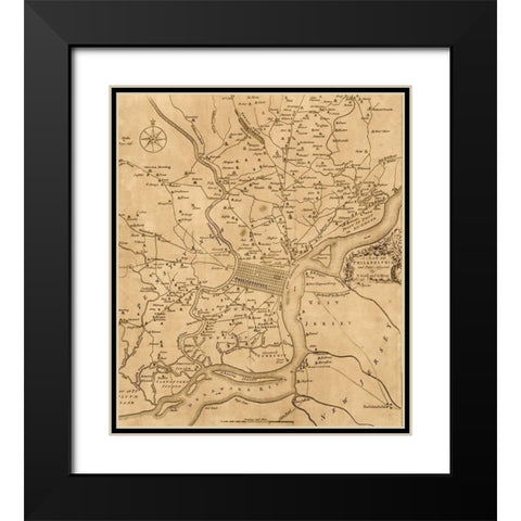 Philadelphia 1777 Black Modern Wood Framed Art Print with Double Matting by Vintage Maps