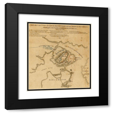 Battle at Charlestown Peninsula 1775 Black Modern Wood Framed Art Print with Double Matting by Vintage Maps