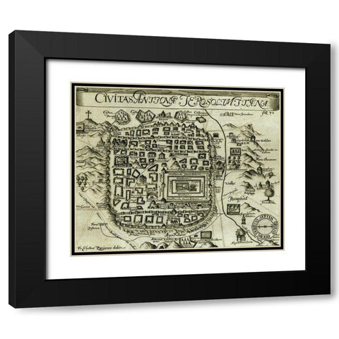 Modern Antique Map of Jerusalem Black Modern Wood Framed Art Print with Double Matting by Vintage Maps