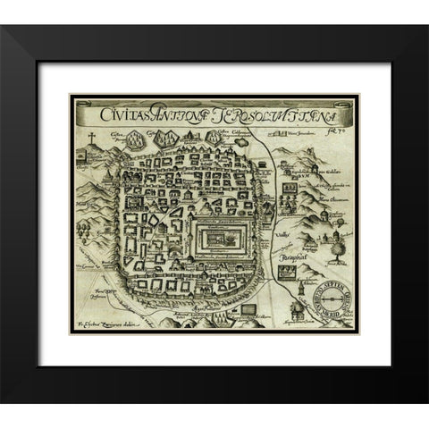 Modern Antique Map of Jerusalem Black Modern Wood Framed Art Print with Double Matting by Vintage Maps