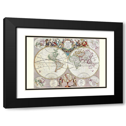 World Map with Figural Representations of the Worlds Peoples Black Modern Wood Framed Art Print with Double Matting by Seney, John