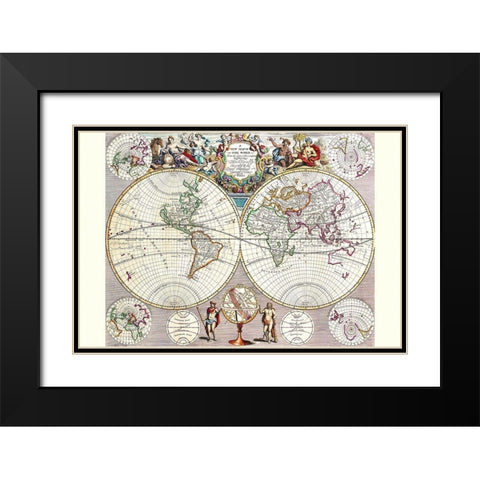 World Map with Figural Representations of the Worlds Peoples Black Modern Wood Framed Art Print with Double Matting by Seney, John