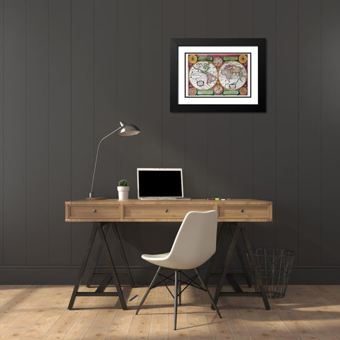 Stereographic World Map of the Eastern and Western Hemispheres Black Modern Wood Framed Art Print with Double Matting by Boisseau, Jean