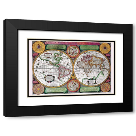 Stereographic World Map of the Eastern and Western Hemispheres Black Modern Wood Framed Art Print with Double Matting by Boisseau, Jean