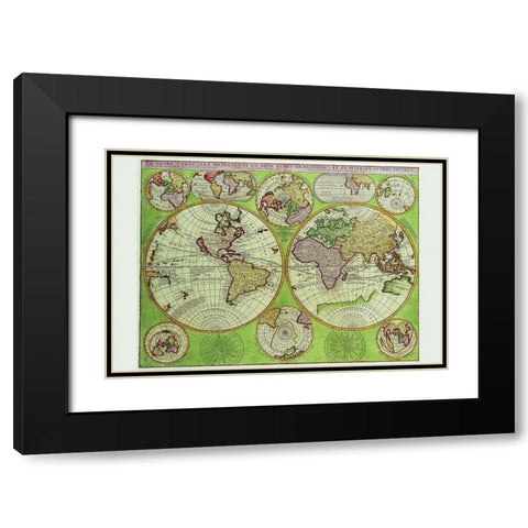 Stereographic World Map with Insets of Polar Projections Black Modern Wood Framed Art Print with Double Matting by Coronelli, Vincenzo