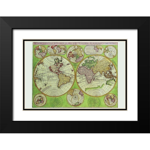 Stereographic World Map with Insets of Polar Projections Black Modern Wood Framed Art Print with Double Matting by Coronelli, Vincenzo