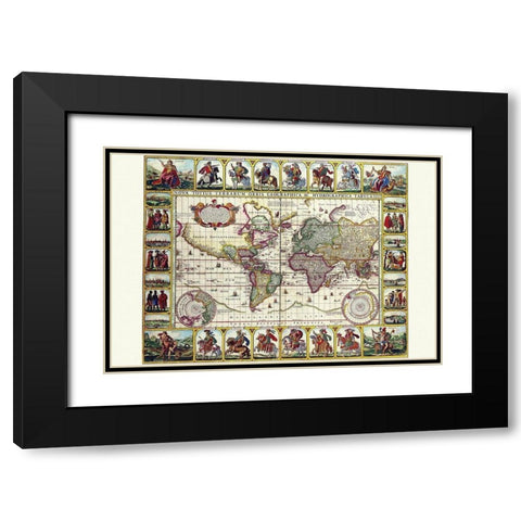 World Map of lands and waterways Black Modern Wood Framed Art Print with Double Matting by Visscher, Nicolas