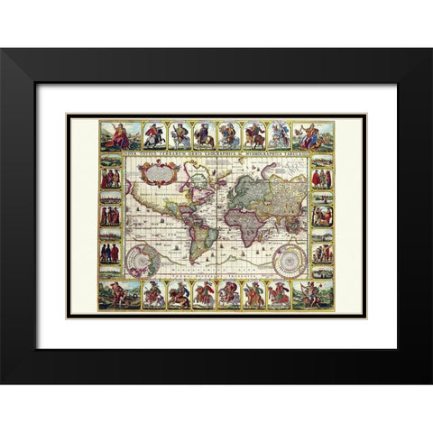 World Map of lands and waterways Black Modern Wood Framed Art Print with Double Matting by Visscher, Nicolas