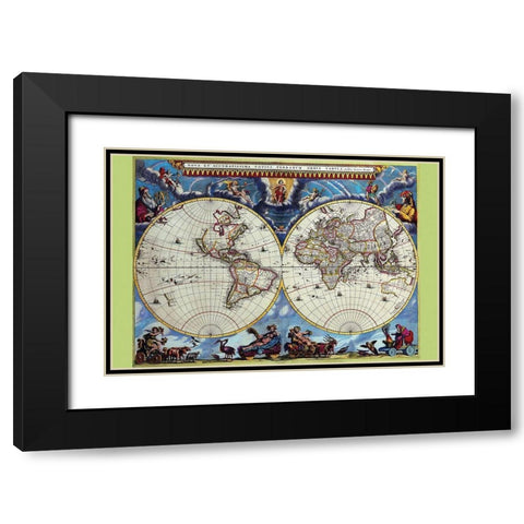 Stereographic Map of the World Theatrum Orbis Terrarum Black Modern Wood Framed Art Print with Double Matting by Blaeu, Joan