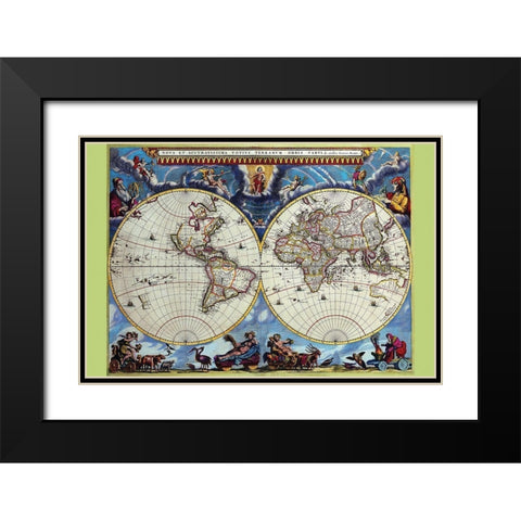 Stereographic Map of the World Theatrum Orbis Terrarum Black Modern Wood Framed Art Print with Double Matting by Blaeu, Joan