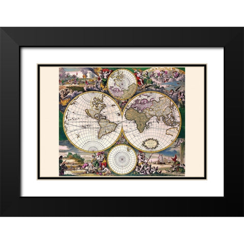 Stereographic Map of the World with Polar projections Black Modern Wood Framed Art Print with Double Matting by Wit, Frederik De
